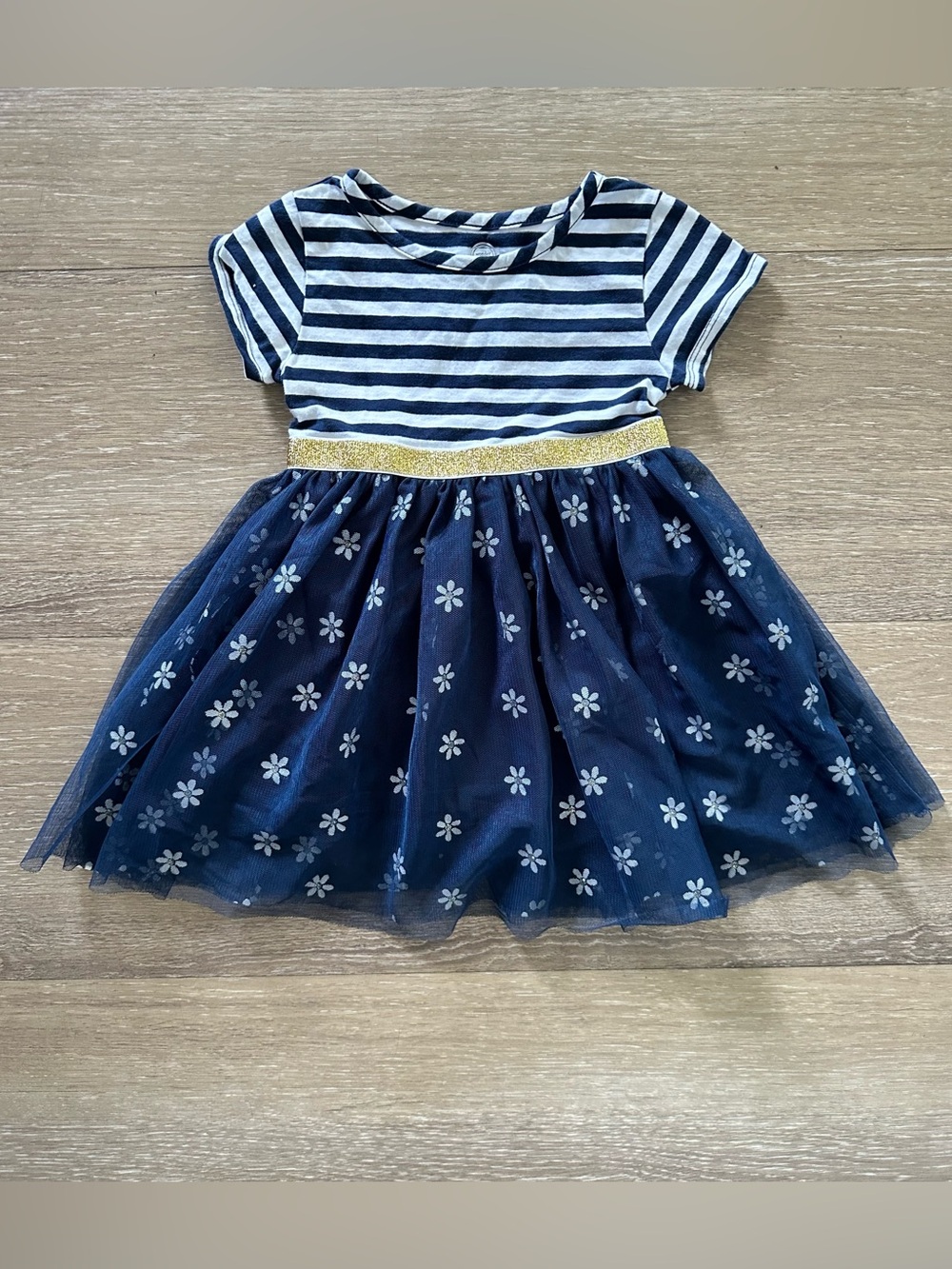 Navy Floral Tulle Dress with Striped Bodice